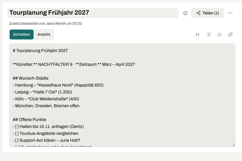 Eine geteilte Notizseite in Zeptha